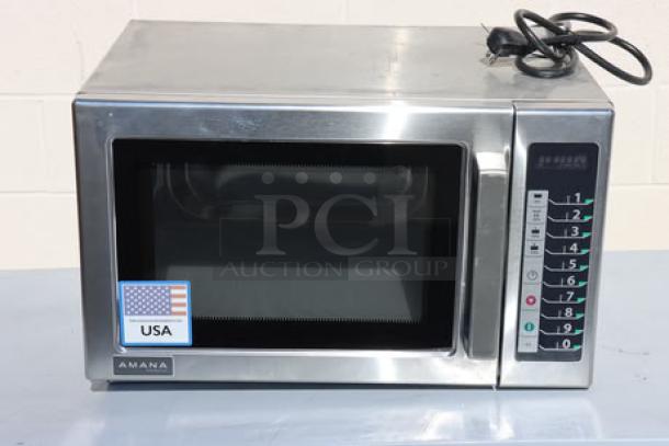Brand new Amana RCS10TS stackable commercial microwave, 1000W, 120V, push button controls, stainless steel, serial 2506143845.