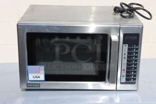 Brand new Amana RCS10TS stackable commercial microwave, 1000W, 120V, push button controls, stainless steel, serial 2506143845.