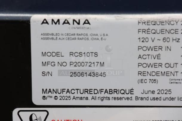 Amana RCS10TS commercial microwave label, showing model, serial number 2506143845, and manufacturing details.