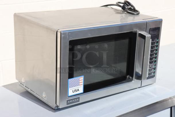 BRAND NEW Amana RCS10TS commercial microwave, 1000W, stainless steel, push button controls, scratch-n-dent condition, USA-made.