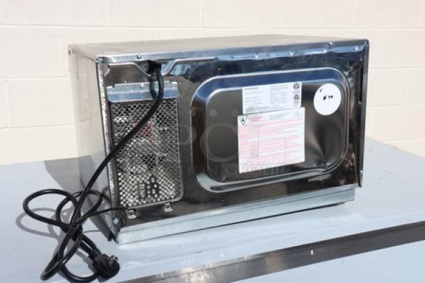 BRAND NEW Amana RCS10TS commercial microwave, 120V 1000W, stackable, scratch-n-dent, visible serial number 2506143845.