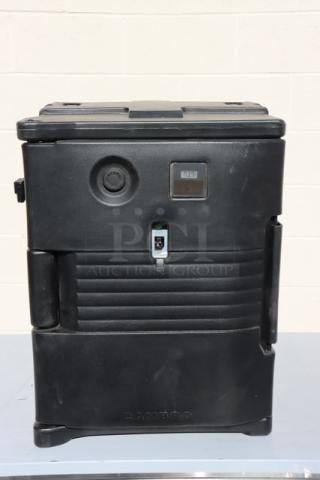 Brand new Cambro UPCH400110 black insulated electric food pan carrier, front loading, 6 full-size pan capacity.