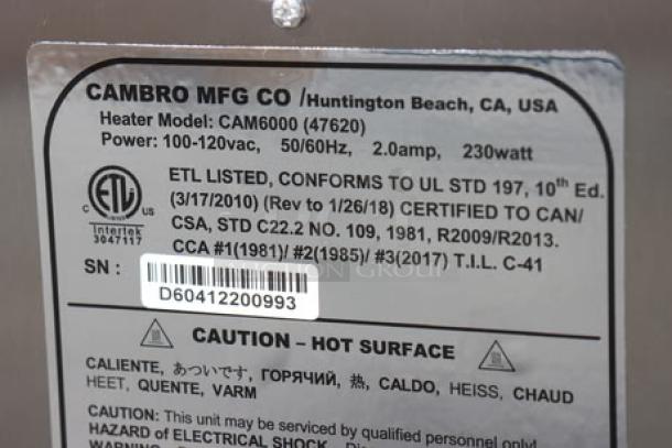 Label on Cambro Ultra Pan Carrier® UPCH400110, detailing model CAM6000, power requirements, certification, and serial number.