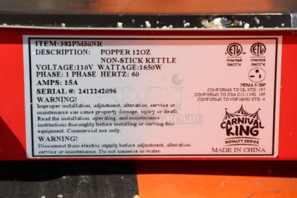 Carnival King PM50NR Royalty Series 12 oz. Red Popcorn Machine label showing specs and warnings. Model PMS0NR, 120V, made in China.