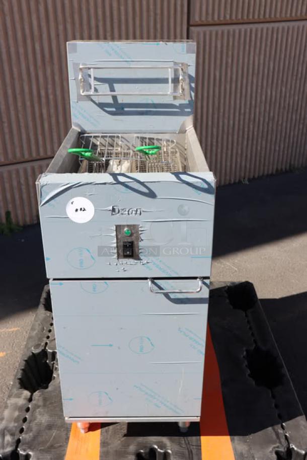 Brand new Dean by Frymaster SR114E floor fryer, 40 lb. capacity, 208V, 1 Phase, in protective wrapping, includes baskets.