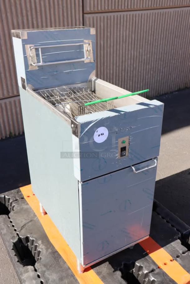 BRAND NEW Dean by Frymaster SR114ESD 40 lb. Electric Floor Fryer, 208V, 1 Phase, serial number 2410MF0063, with protective wrap.