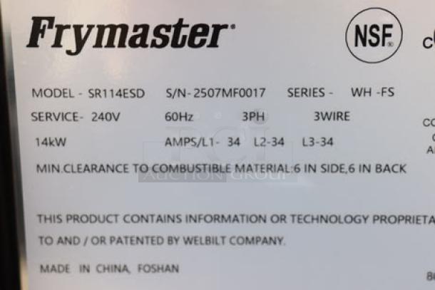 BRAND NEW Dean by Frymaster SR114ESD Electric Floor Fryer label, 240V, 3 Phase, NSF certified, 14kW, S/N: 2507MF0017.