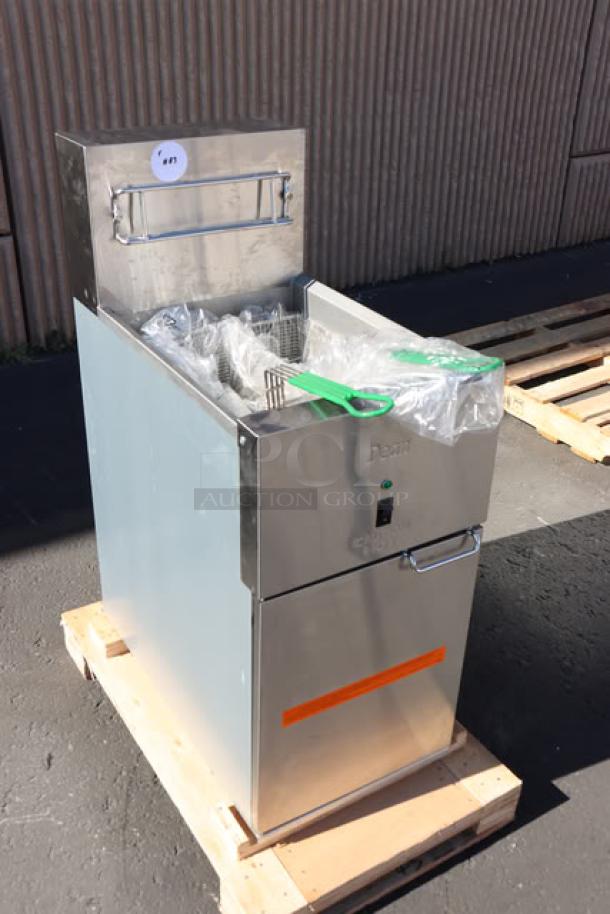 Brand new Dean by Frymaster SR114ESD 40 lb. electric floor fryer, 240V, 3 phase, on pallet, tags indicate model and serial number.