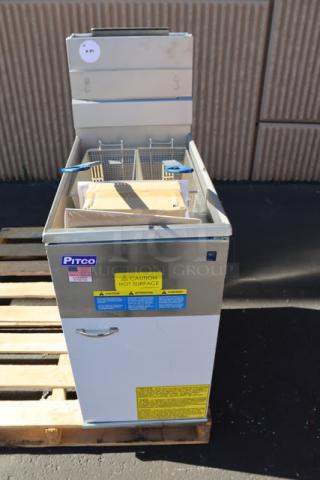 Brand new Pitco® 35C natural gas stainless steel floor fryer, 35-40 lb capacity. Visible caution labels and serial number G25JA031791.