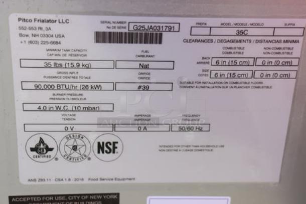 Brand new Pitco 35C natural gas stainless steel floor fryer, 35-40 lb capacity, S/N: G25JA031791, NSF certified.