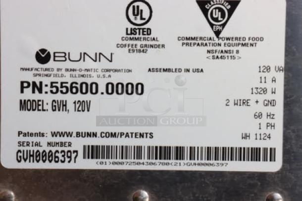 Label on Bunn 55600.0100 GVH-1 Coffee Grinder showing model number, serial number GVH0006397, and UL certifications.