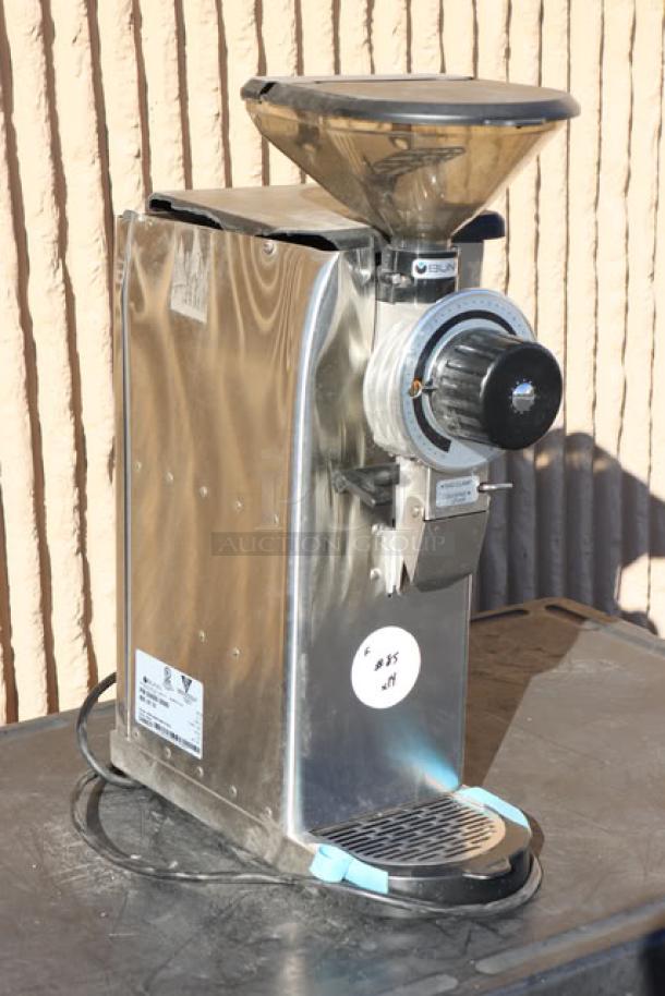 Bunn 55600.0100 GVH-1 Bulk Coffee Grinder, stainless steel, 120V, visible label and serial number, slight wear.