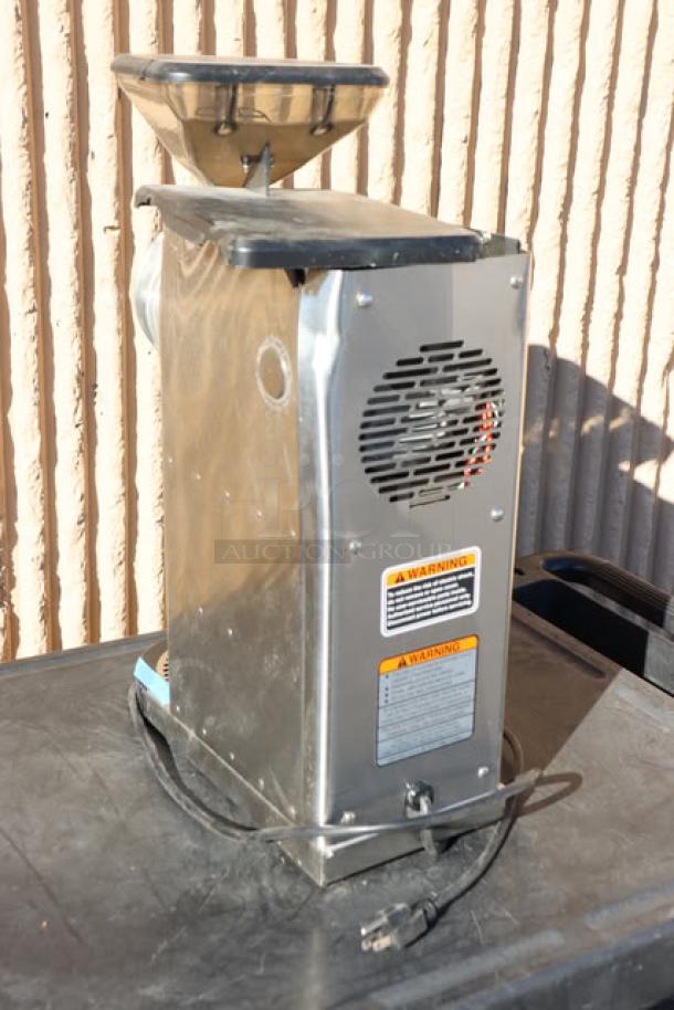 Stainless steel Bunn 55600.0100 GVH-1 bulk coffee grinder, 120V, visible warning labels, cable attached.