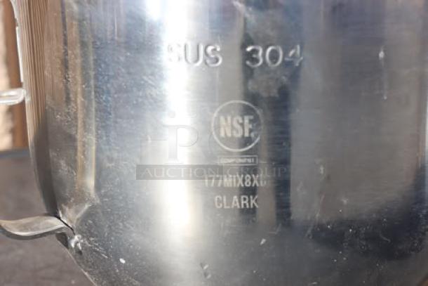 NSF certified 177MIX8XBL stainless steel 8 qt. mixer bowl. Visible markings: "SUS 304," "NSF," "CLARK." Slight wear shown.
