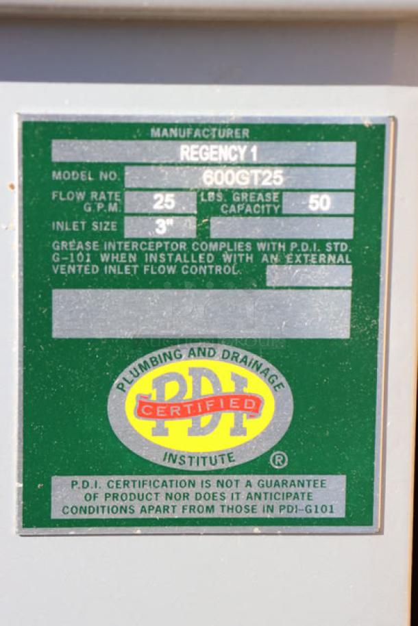Regency 50 lb. 25 GPM grease trap label, PDI certified, 3" non-threaded connections, model 600GT25.