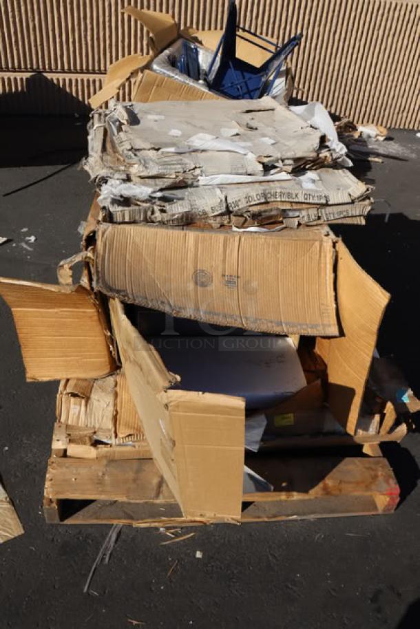 Two pallets with mixed items in damaged packaging, including a Regency grease trap, Bunn coffee grinder, table tops, and more.