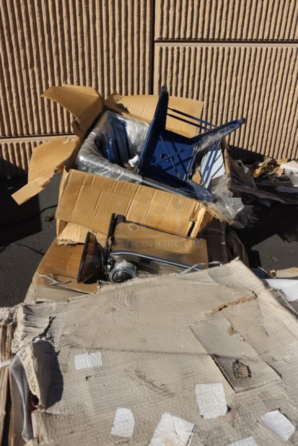 2-pallet mixed lot in damaged packaging, featuring a blue metal barstool, stainless steel items, and assorted tabletop materials.