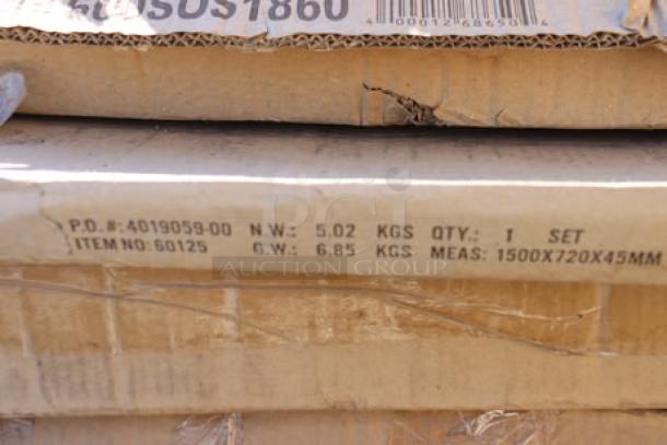 Cardboard box with printed label showing item number 60125, net weight 5.02 kg, and dimensions 1500x720x45 mm.