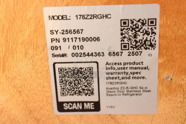 QR code label for Avantco Z2-R-GHC 54" Glass Door Stainless Steel Reach-In Refrigerator. Includes model, serial number, and specs.