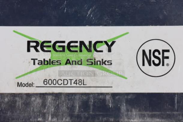 Regency 600CDT48L model label on stainless steel clean dish table, NSF certified.