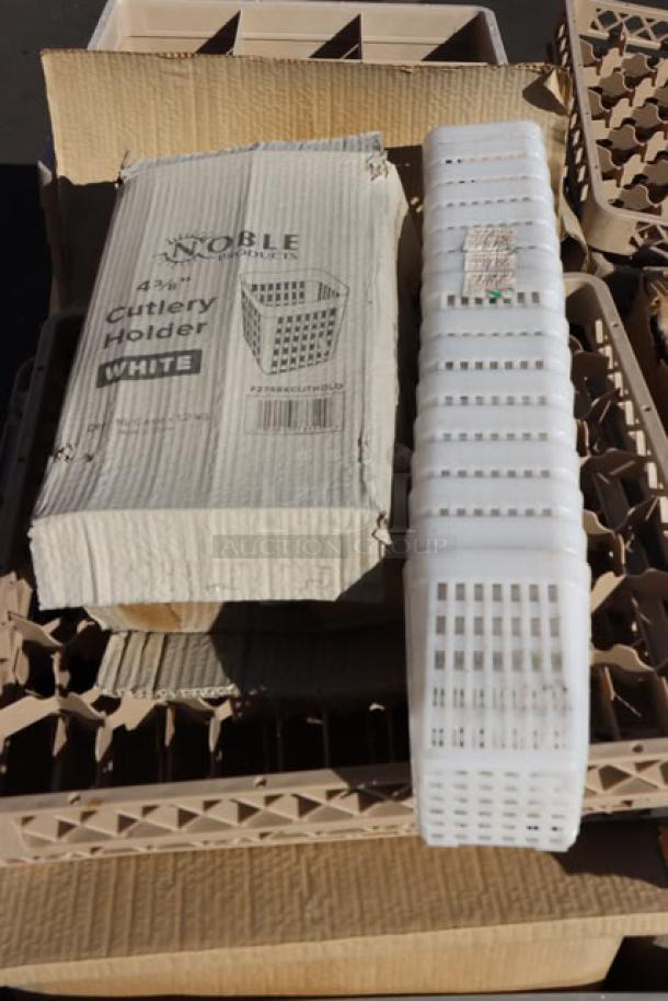 Noble white cutlery holder with box on Vollrath glass racks; box marked "4x1 Cutlery Holder WHITE", slightly worn.