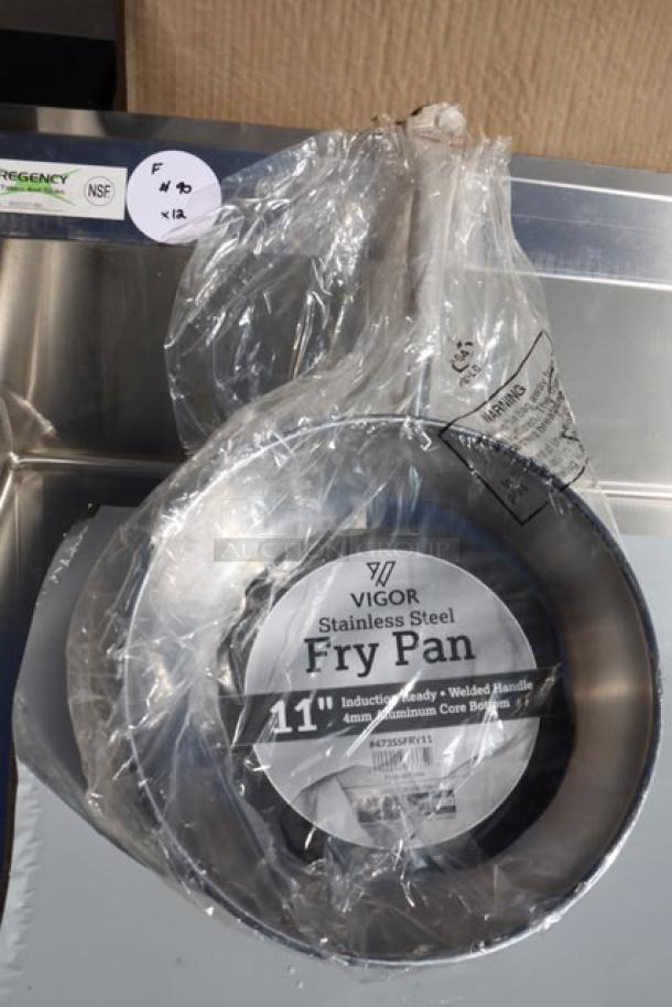 Vigor 11" Stainless Steel Fry Pan, induction-ready, welded handle, 4mm aluminum core; in packaging with visible label.