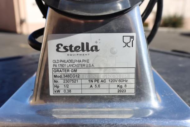 Estella CG12 Electric Hard Cheese Grater label; 1/2HP, 120V, model 348CG12, 2023; Old Philadelphia Pike, Lancaster, USA.