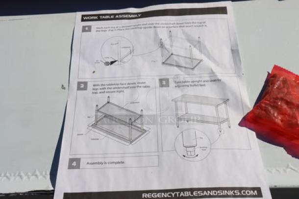 Assembly instructions for a Regency work table, featuring step-by-step diagrams. RegencyTablesAndSinks.com branding visible.