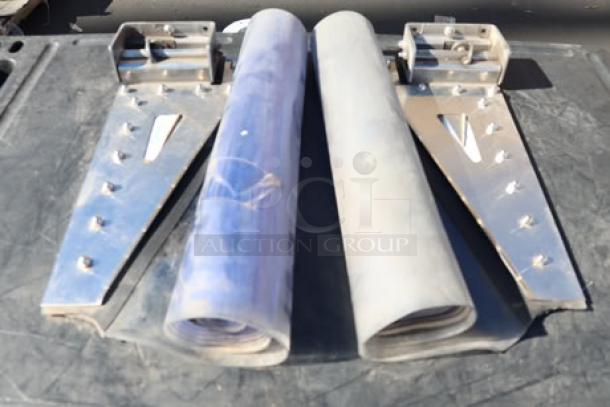 Pair of Curtron Polar-Pro Swing Doors, metal hardware and rolled fabric panels, new condition, out of original packaging.