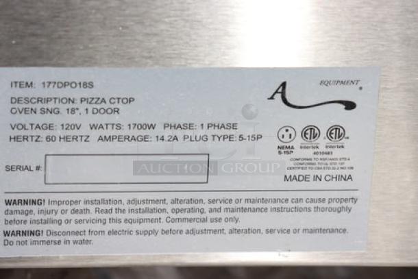Label of Avantco DPO-18-S Single Deck Pizza Oven, 120V, 1700W, with warnings and electrical specifications. Made in China.