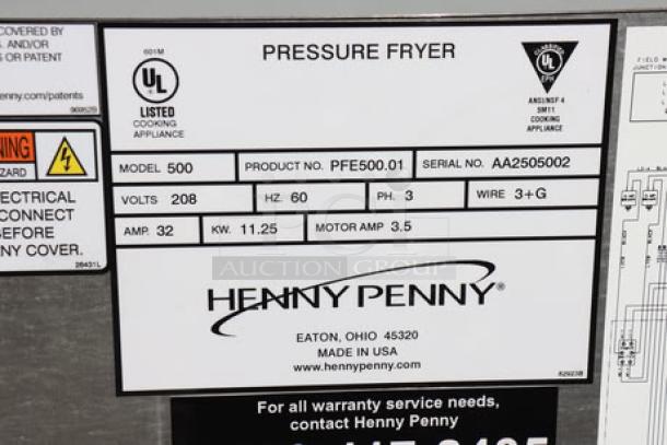 BRAND NEW Henny Penny PFE500 Electric Pressure Fryer, 4-Head, 208V, 3 Phase, Serial AA2505002. UL listed. Minor scratches/dents.