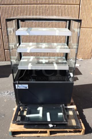 Brand new Avantco BCF-36-HC bakery display case, 35 3/8", black. One glass sliding door broken; otherwise functional.