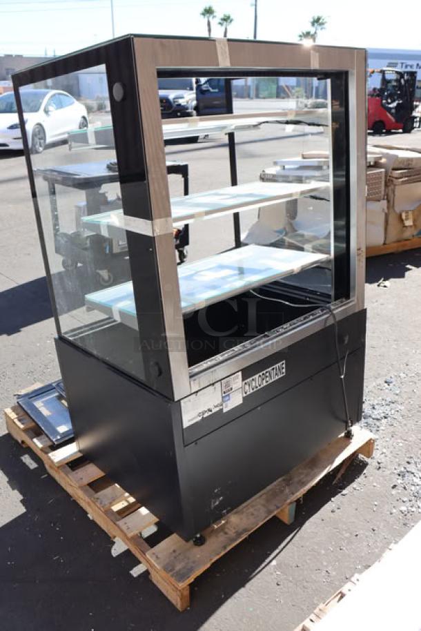 Avantco BCF-36-HC refrigerated bakery display case, black, 35 3/8", scratched, one broken glass door, 115V, 7A, 1 phase.