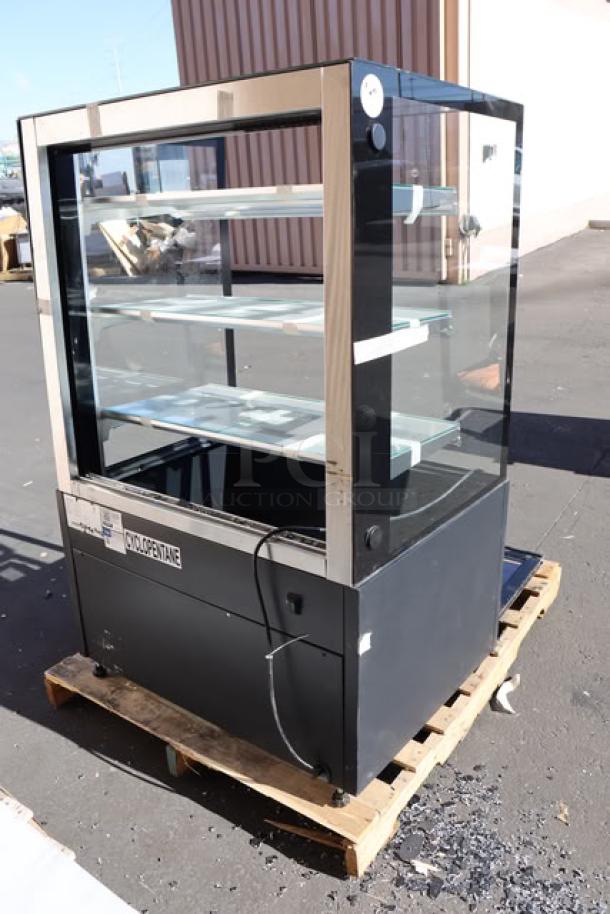 Brand new Avantco BCF-36-HC bakery display case, 35 3/8", black, with broken sliding door, in working order, 115V, 1 phase.