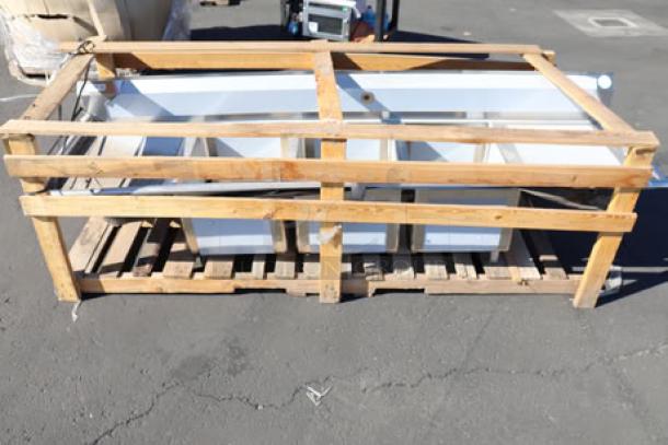 Regency S3C182414-24RT 16-gauge stainless steel 3-compartment sink with right drainboard, new scratch-n-dent condition.