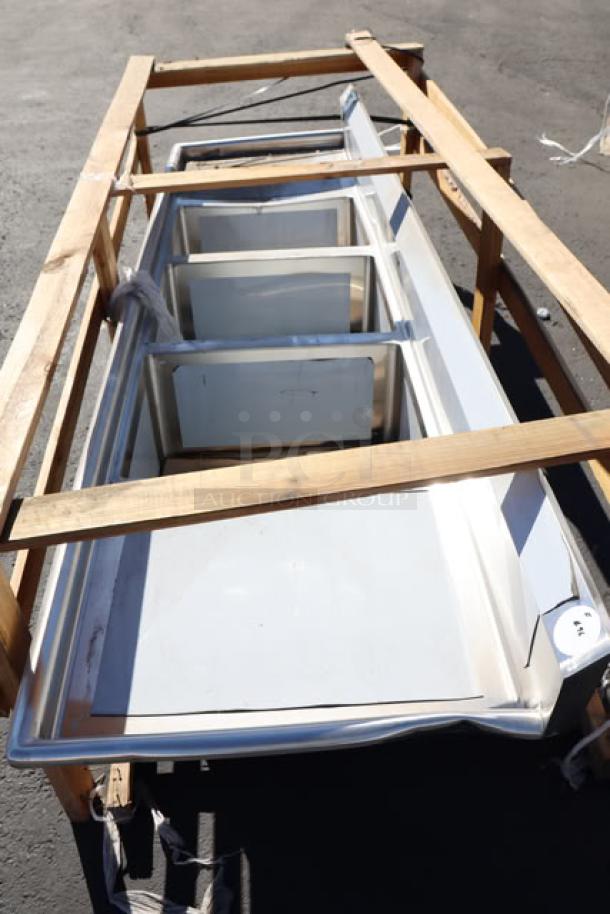 Regency S3C182414-24RT stainless steel three-compartment sink with right drainboard, brand new, 16-gauge, 84.5" long.