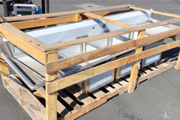 Regency S3C182414-24RT 84.5" stainless steel 3-compartment sink with right drainboard, new condition, packaged in wooden crate.