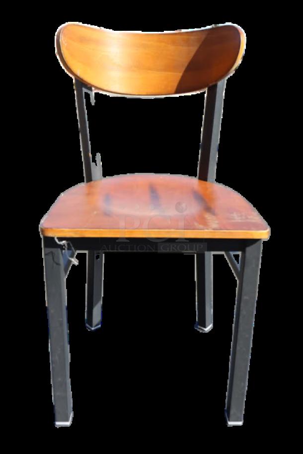 Brand new Lancaster chair, model 164CBMRNGBVV, black finish, vintage wood seat/back, minor scratches.