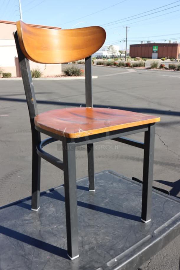 Brand new Lancaster Table & Seating Boomerang chair, black finish, vintage wood seat/back, model 164CBMRNGBVV.