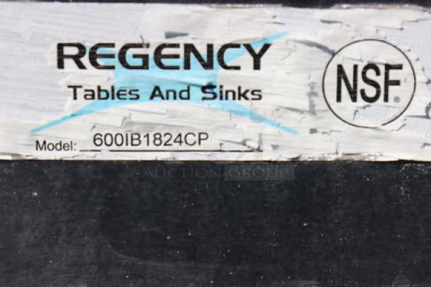 Label on Regency IB1824-CPT ice bin, showing "Regency Tables And Sinks," "NSF," and model "600IB1824CP."