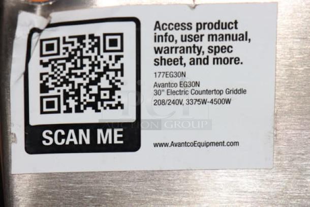 QR code on Avantco EG30N griddle showing product info for user manual, warranty, and spec sheet.
