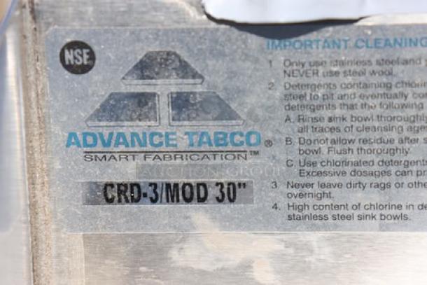 Advance Tabco CRD-3/Mod 30" Stainless Steel Bar Sink label, detailing model and cleaning instructions.