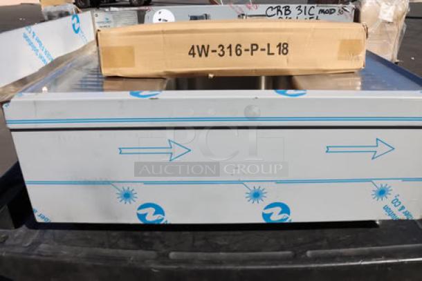 Brand new Advance Tabco CRB-31C stainless steel bar sink with faucet, galvanized legs, two drainboards, and splash guard. Packaging damaged.