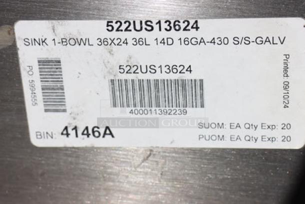 Label showing product details for Steelton 522US13624 Utility Sink; 36"x24"x14", 16-gauge stainless steel, 1-bowl design.