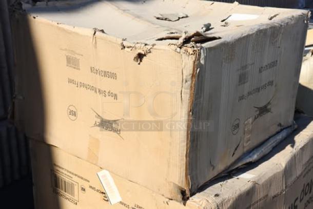 Damaged box labeled Regency Mop Sink Notched Front, contents include Lancaster chairs, Regency overshelf, stanchion, griddle, and Steelton sink.