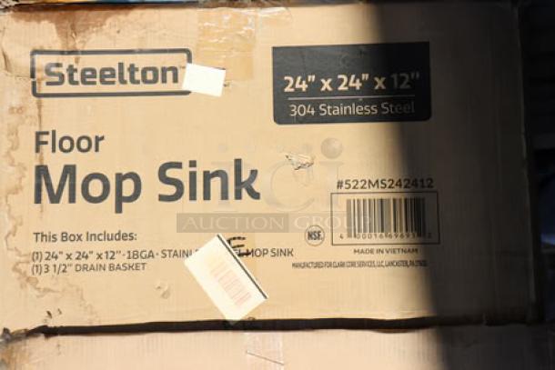 Cardboard box labeled "Steelton Floor Mop Sink," 24" x 24" x 12", 304 stainless steel, model #522MS242412, NSF certified.