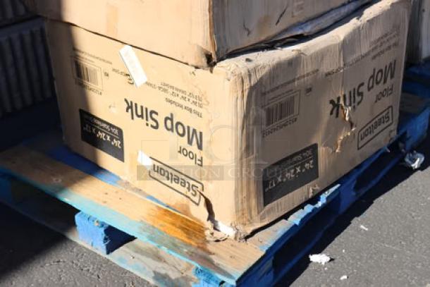 Cardboard box on a pallet labeled "Steelton Floor Mop Sink," slightly damaged, containing a 7-piece lot of kitchen equipment.