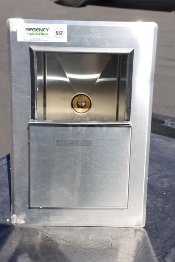 Regency DIIB-181210 stainless steel drop-in ice bin, 18"x12", with sliding lid, NSF label visible, 20 lb capacity, new condition.