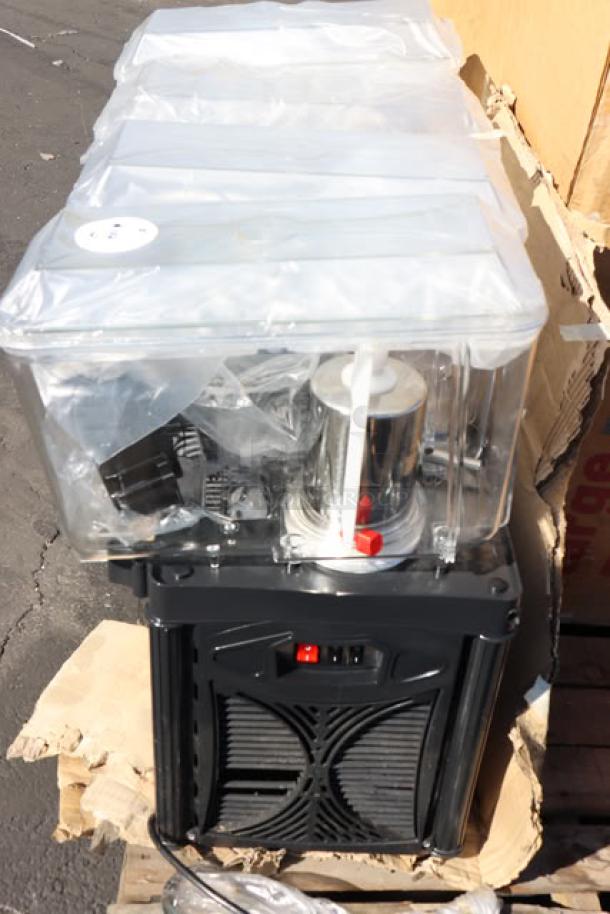 Brand new Carnival King RBD5G4 Quadruple 5 Gallon Bowl Refrigerated Beverage Dispenser, plastic-wrapped, on pallet.