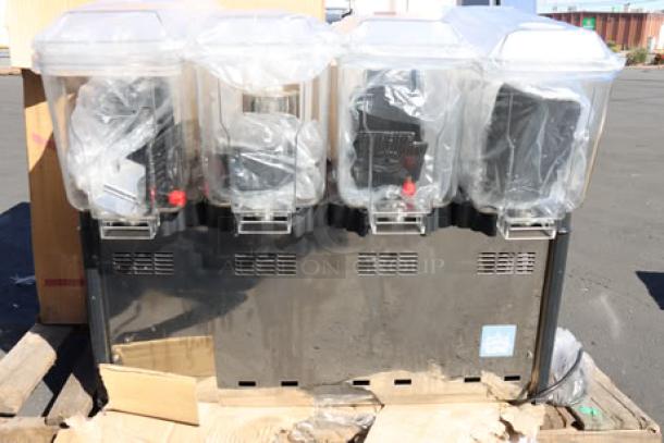 Brand new Carnival King RBD5G4 beverage dispenser, 4 bowls, 5 gallons each, 120V, scratch & dent condition, on pallet.
